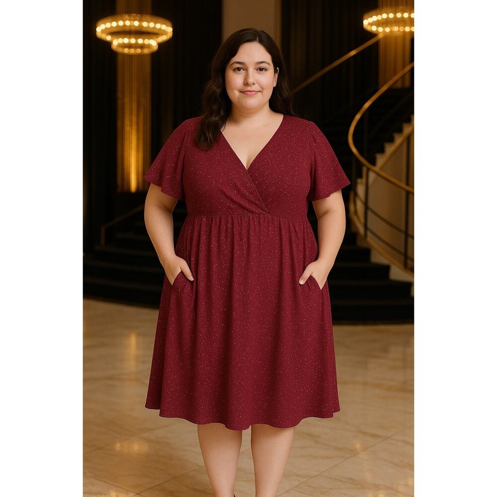 Rare Plus Size 1X 14 16 BloomChic Red Glitter Flutter Sleeve Dress Pockets